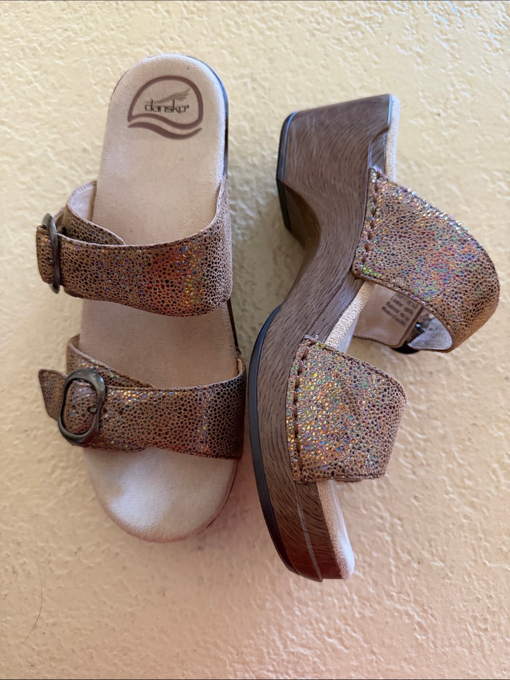 Dansko Glittery Tan Two-Strap Clog Sandals-Sophie